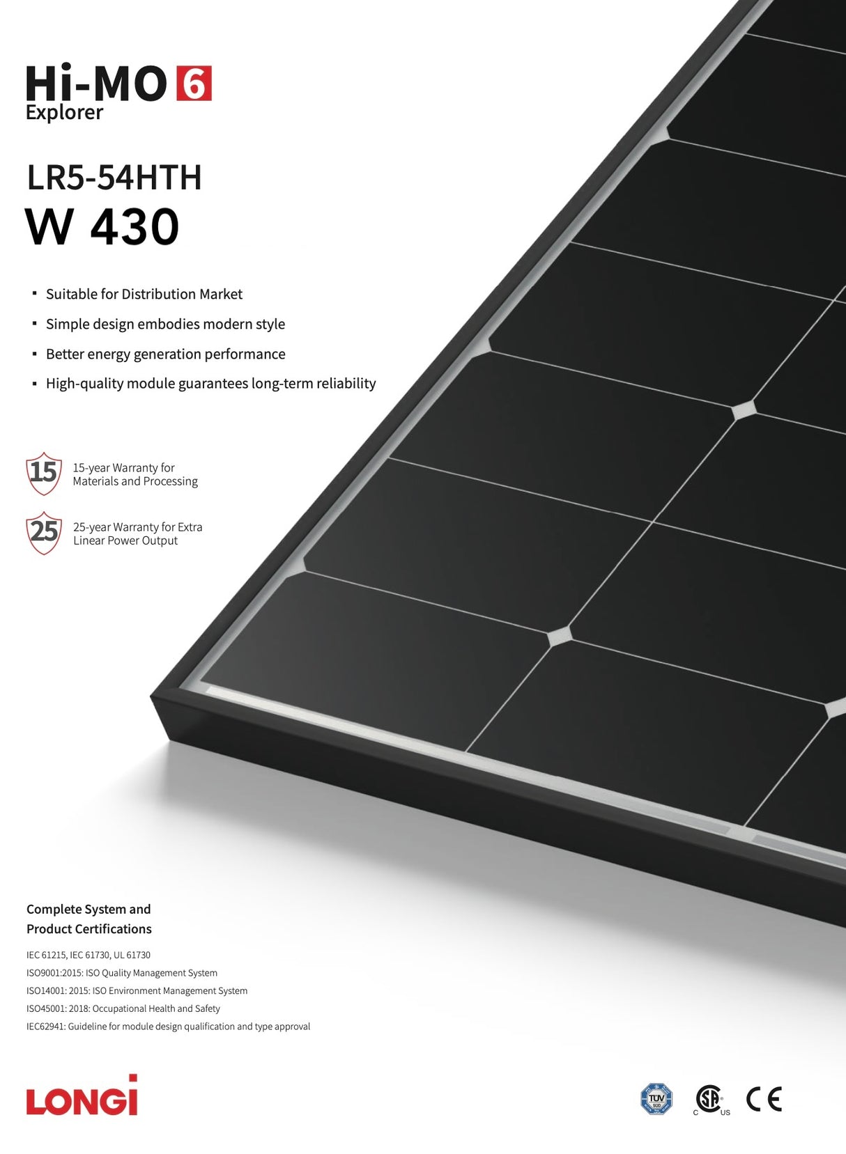 Pannello Fotovoltaico Monocristallino Longi Solar LR5-54HTH-430M 430W